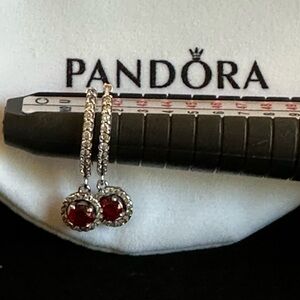 Pandora Authentic 925 Ale Red Round Sparkling Hoop Earrings NEW‎